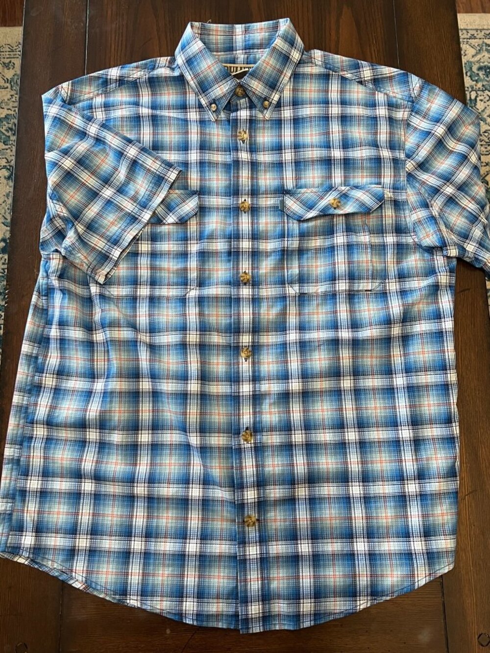 Duluth Blue Plaid Short Sleeve Button-Down Shirt Pocket Work Classic Casual  L